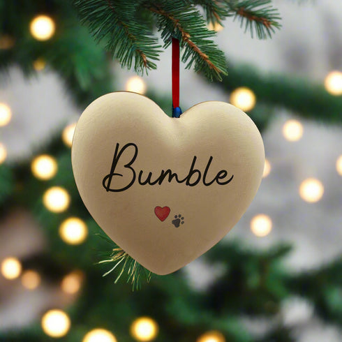 A Personalised Paw Print and Heart  CAT Ceramic Heart Bauble